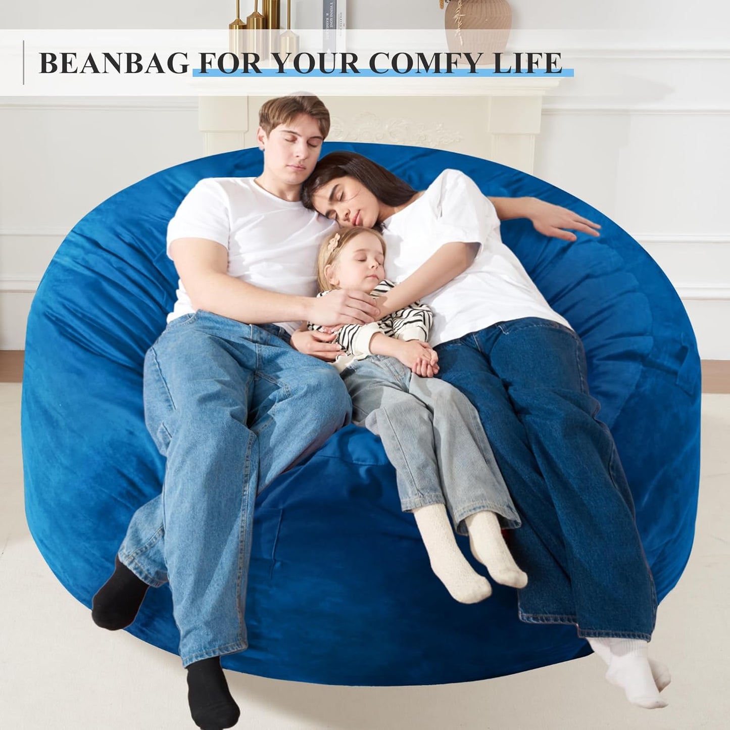 Homguava 6FT Bean Bag Chair Giant BeanBag with Memory Foam Filled, Large Bean Bag Chairs for Adults, Adult Bean Bag Chair with Dutch Velvet Cover for Living Room Bedroom-Blue