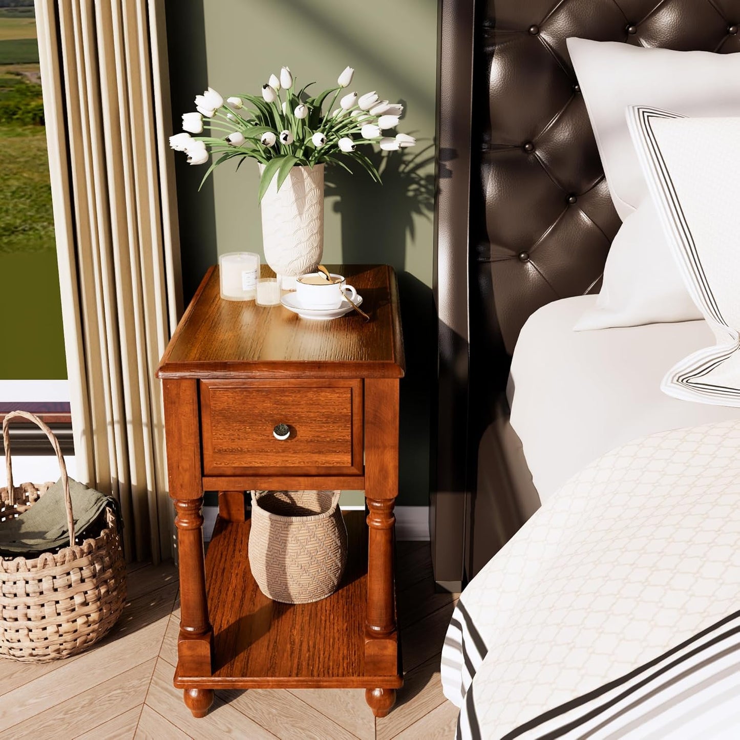 Narrow End Table with Drawer and Open Storage Shelf, Solid Wood Sofa Side Table for Living Room, Beside Table,Telephone Table for Small Spaces, No-Tools Assembly Caramel Brown BBJ004DR