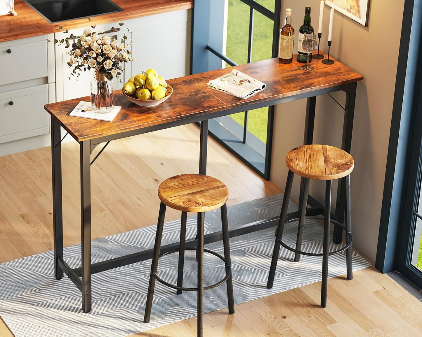 ODK 63 inch Bar Table, Bar Height Pub Table, Counter Height Bar Table, Rectangular High Top Kitchen & Dining Counter Tables with Sturdy Legs & Easy-to-Clean Top, Indoor use, Rustic Brown