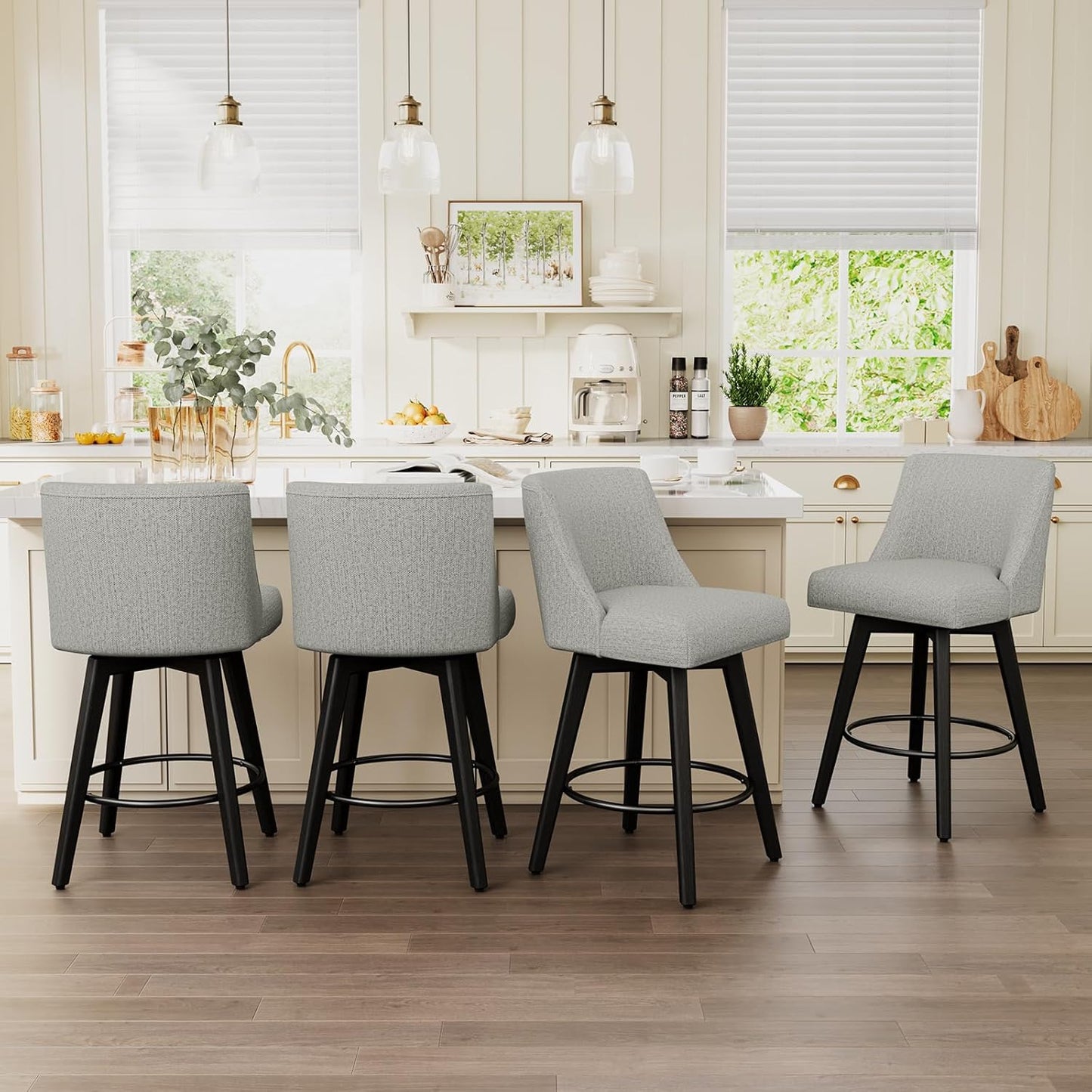 Vipbear Swivel Counter Height Bar Stools Set of 4,26.8" H Counter Stools with Back, Mid Century Modern Bar Stools for Kitchen Island,Linen Fabric,Wooden Base, Light Gray