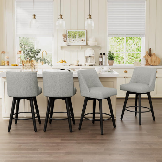 Vipbear Swivel Counter Height Bar Stools Set of 4,26.8" H Counter Stools with Back, Mid Century Modern Bar Stools for Kitchen Island,Linen Fabric,Wooden Base, Light Gray