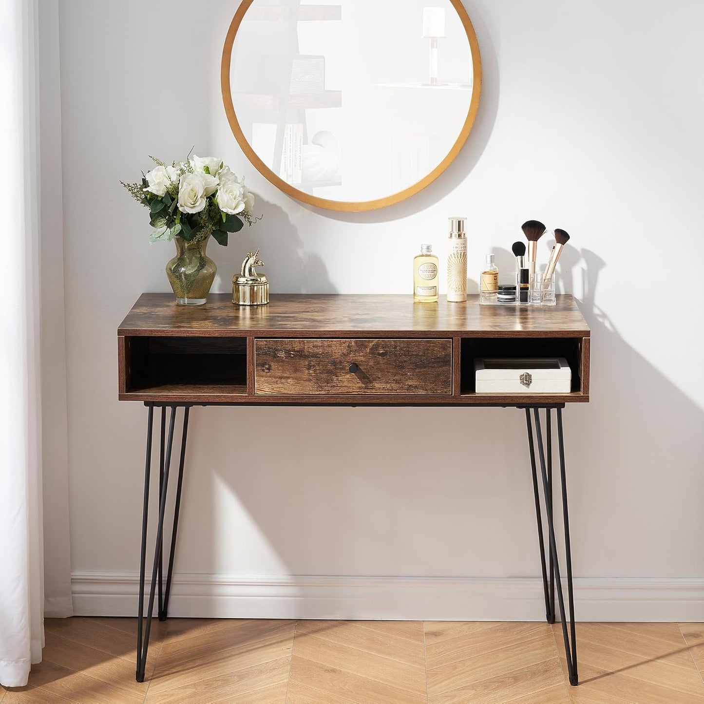 VECELO 39.3" Home Office Work Table with Drawers,Computer Desk with Hairpin Legs for Writing/Study,Rustic Brown