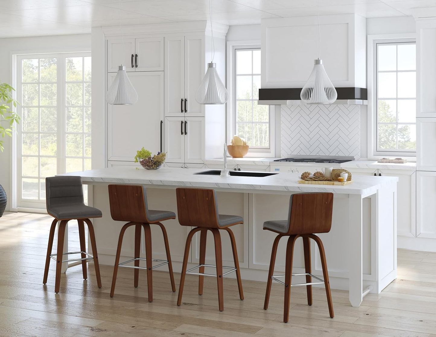 Armen Living Vienna 26" Swivel Counter Stool in Walnut Wood Finish with Gray Faux Leather - Set of 3