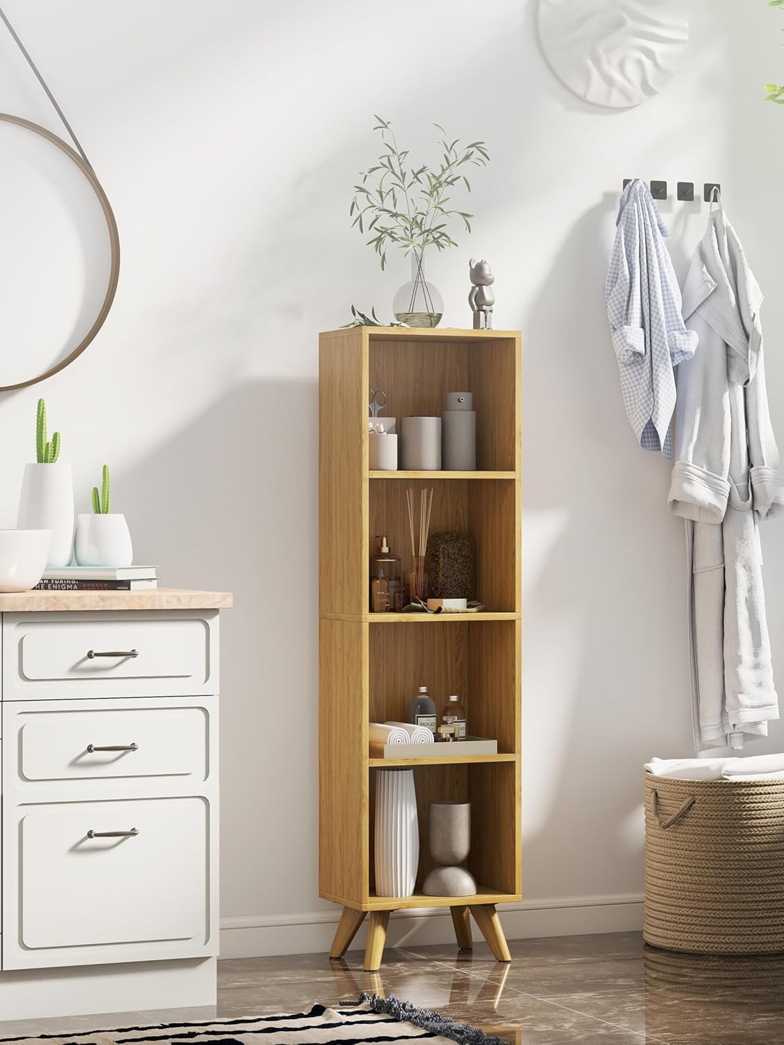 Manora Small Bookcase with 4 Open Shelves, Modern Bookshelf with Wooden Legs, Narrow Storage Organizer for Living Room, Bedroom, Office, Oak