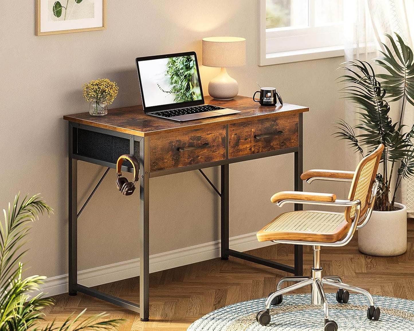 Casaottima 32 Inch Small Office Computer Desk with 2 Drawers & Headphone Hook - Compact Writing Desk for Home Office, Study or Work, Modern Space-Saving Design for Small Spaces, Pure Vintage