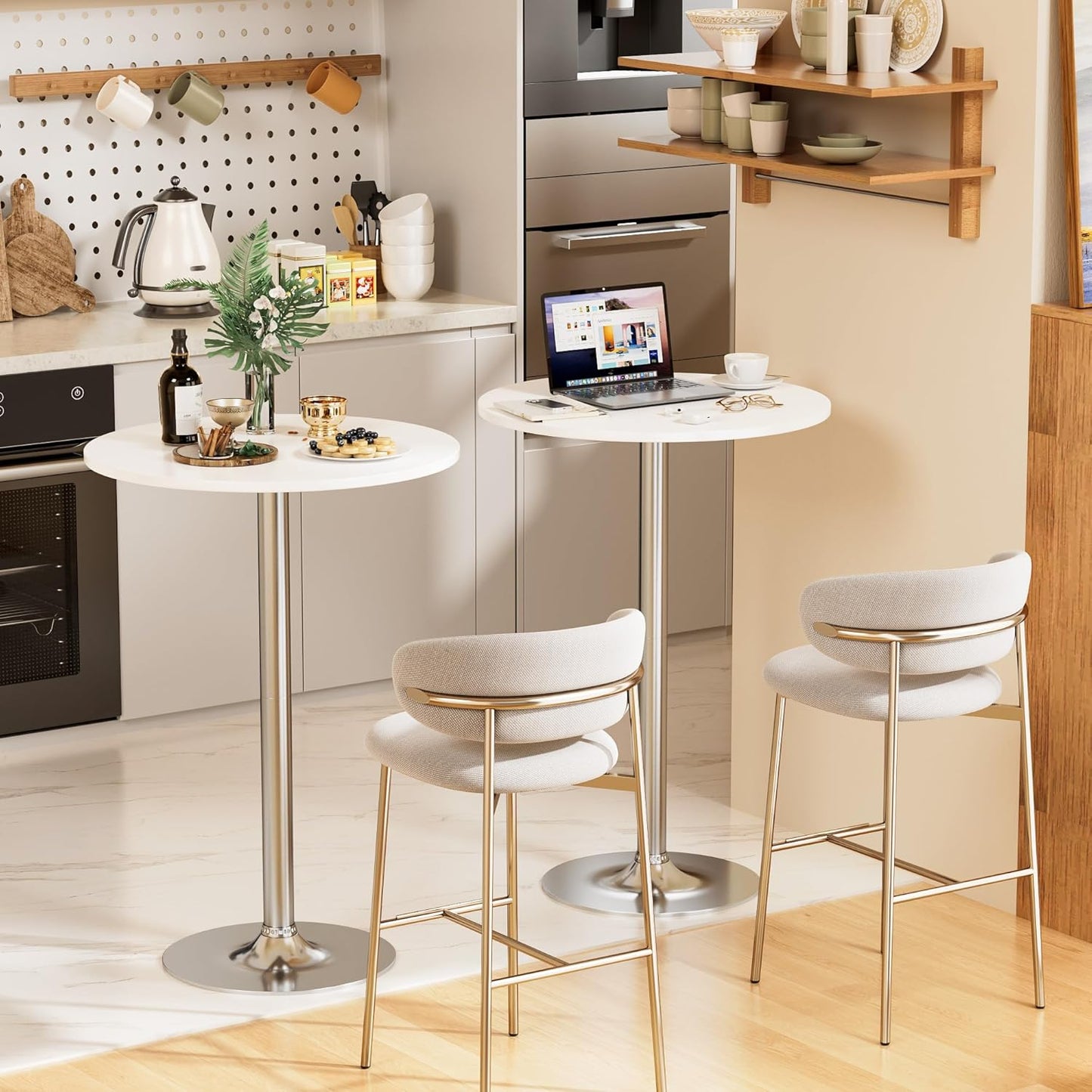 Shahoo Round Bar Table, Cocktail Tables with Metal Base & MDF Top, for Bistro Pub, Cafe, Silver and White