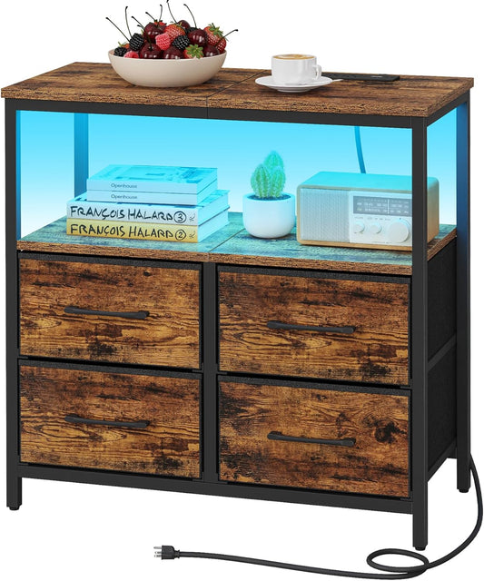 TUTOTAK LED Night Stand with Charging Station, Large Nightstand with USB and Type-C Port, Bedside Table with Cloth Drawers, End Table for Livingroom, Bedroom, Brown TB01BB081L