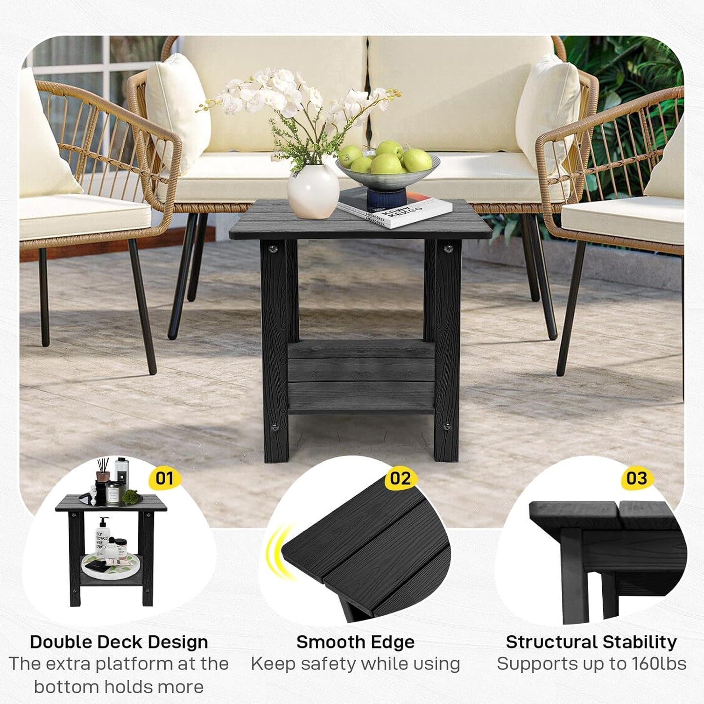 Melucivi Weather Resistant Outdoor Side Table, Double Small Adirondack Side Table for Adirondack Chair - Indoor Outdoor End Table, Patio Table for Pool, Deck and Porch (Black)