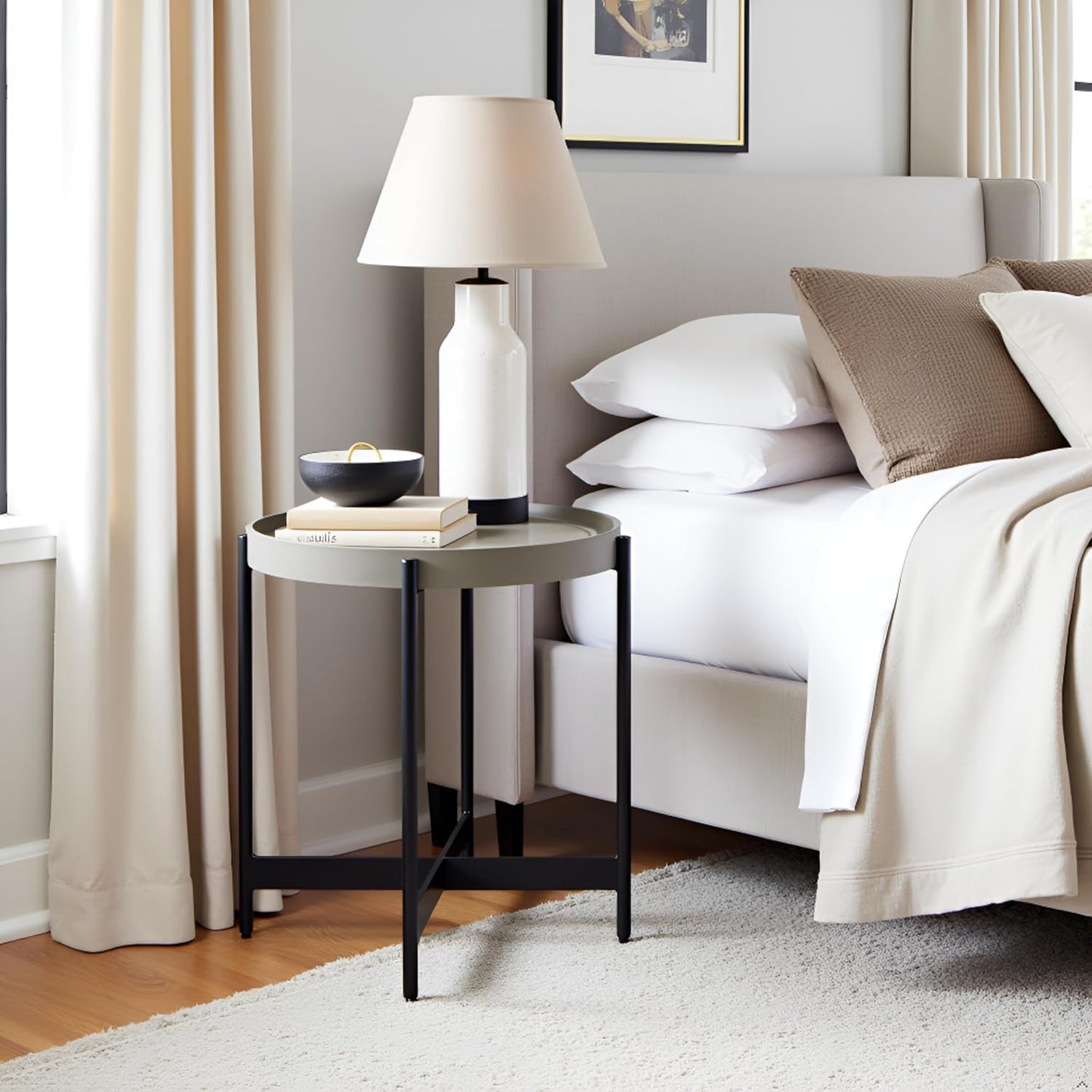 Alaterre Furniture Brookline 20-Inch Round Wood End Table with Concrete Coating and Powder-Coated Iron Legs – Tray Style Top Home Accent for Living Room, Bedroom or Office (Gray)