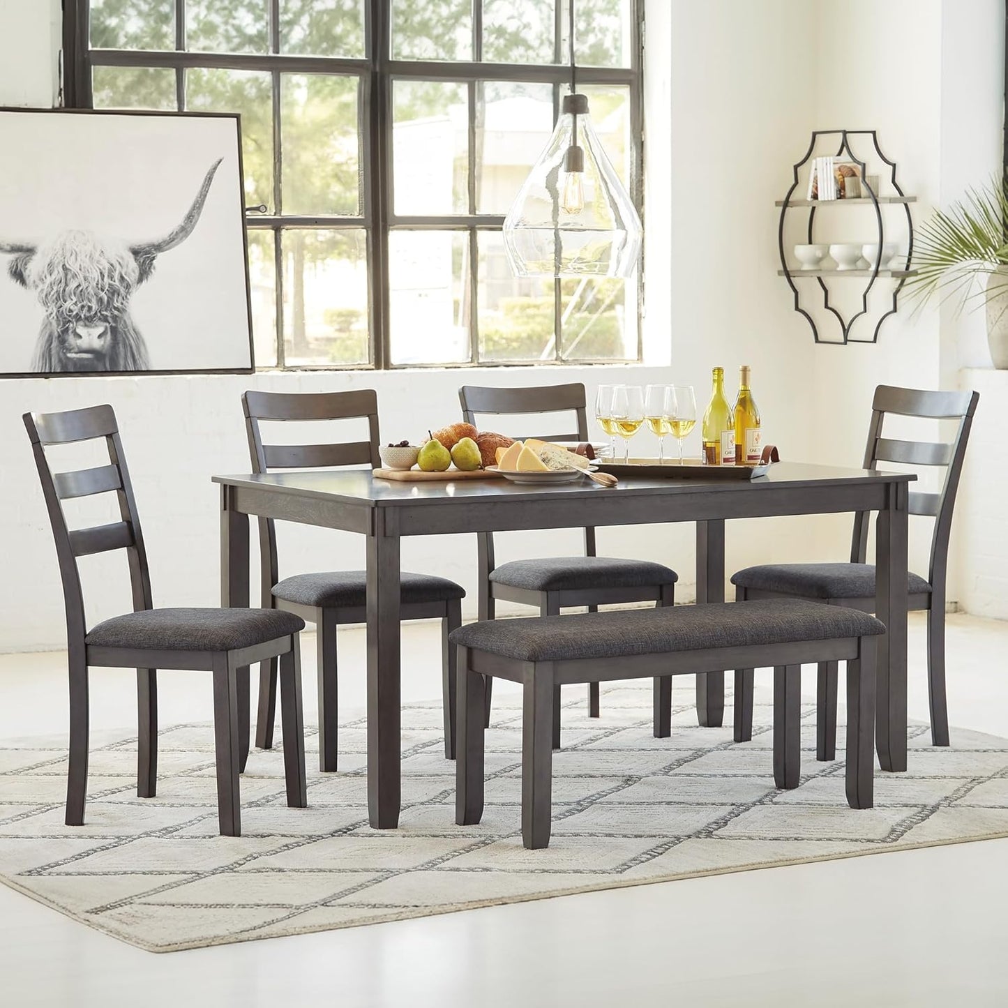 Signature Design by Ashley Bridson Modern 6 Piece Dining Set, Includes Dining Table, 4 Chairs & Bench, Gray