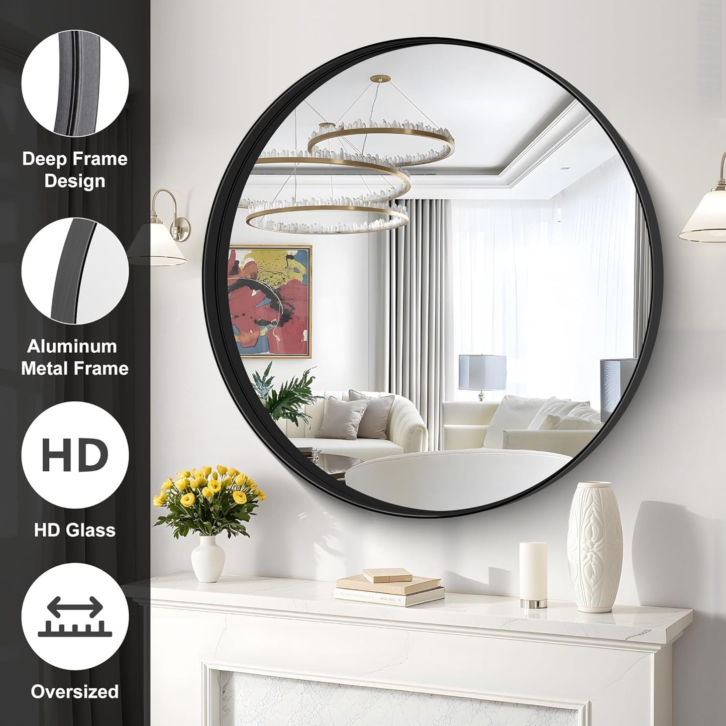 Black Round Mirror 39 inch Deep Frame Circle Mirror,Metal Frame Round Bathroom Mirror, Circle Mirrors for Wall Entryway Washroom Bedroom Living Room Hallway