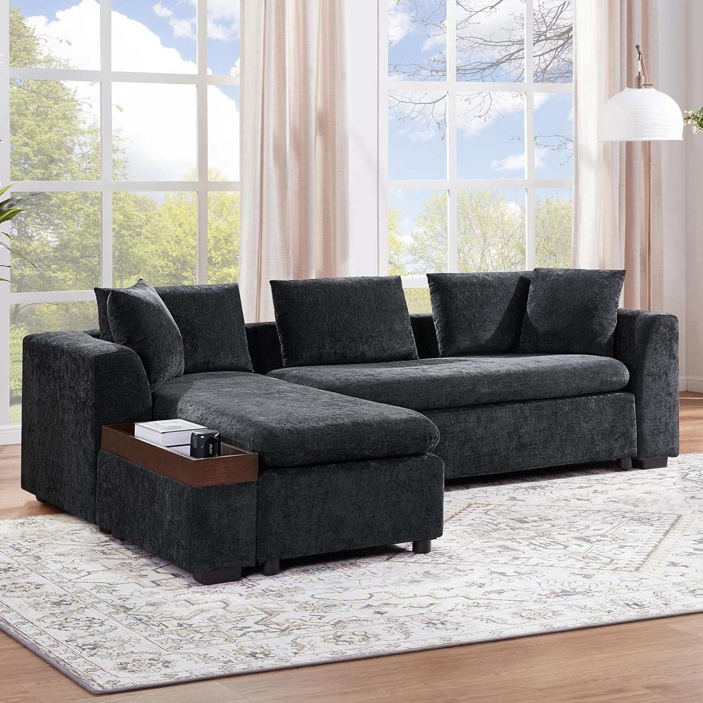 Merax 93.7" L-Shaped Sectional Sofa with Wooden Storage Compartment, Chenille Upholstered Deep Seating Sleeper Couch & Chaise Lounge and Throw Pillows for Living Room, Black