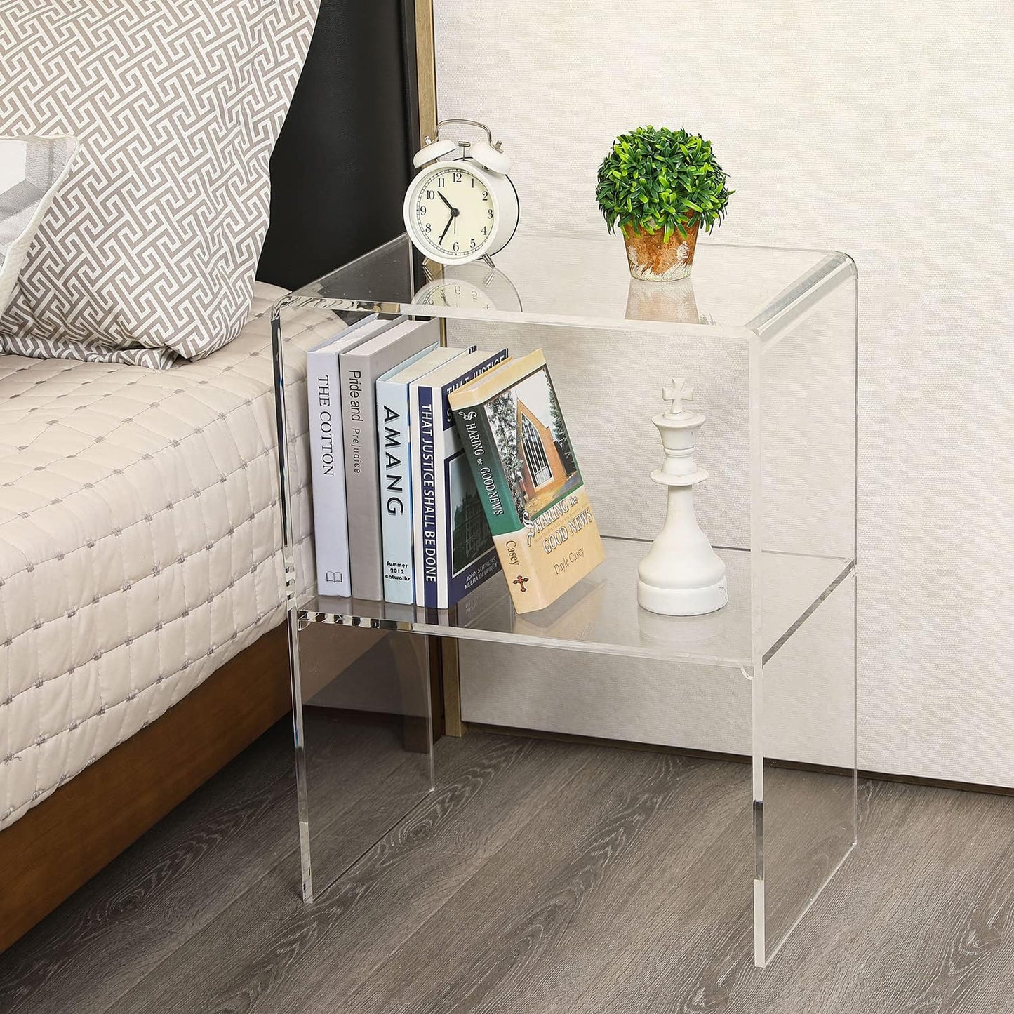 MyGift 24 Inch Acrylic Nightstand with 2 Tier Display Shelf, Clear Acrylic Side Table for Living Room Bedside Bedroom, Decorative Clear Home End Table