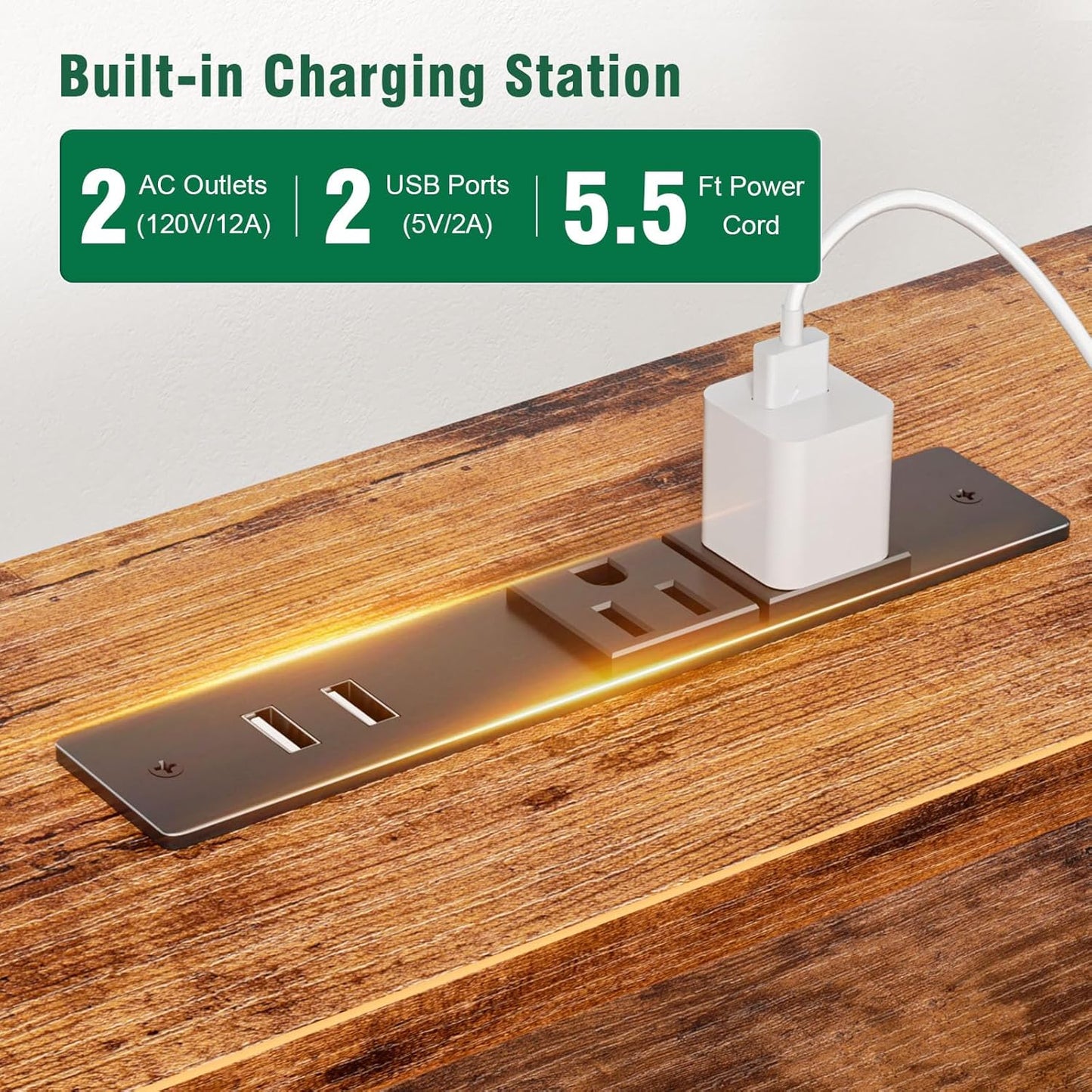 Computer Gaming Desk with Hutch, Home Office Desk with Power Outlets, LED Light, 5 Storage Drawers, 2 Tiers Shelves for Display, 39 Inch Modern Study Writing Table for Bedroom, Rustic Brown