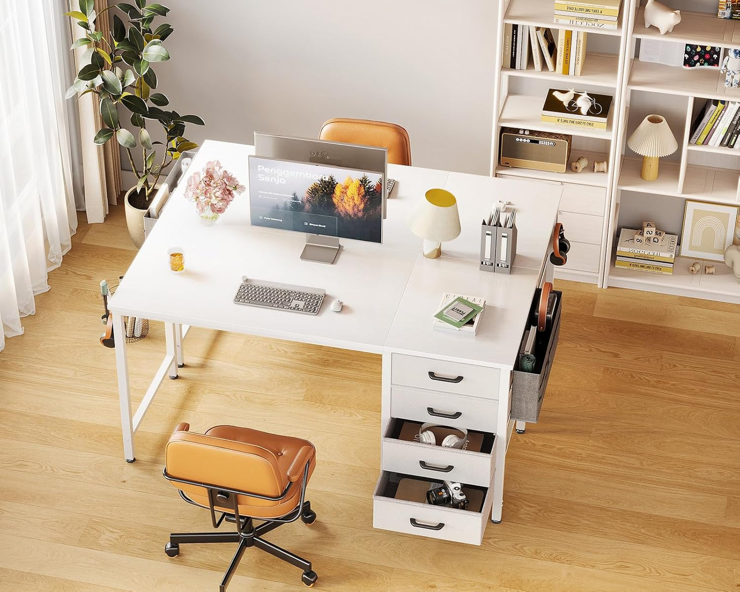 Casaottima 48-Inch Computer Desk with 4 Fabric Drawers — Home Office Desks with Storage, Writing Desk with Side Hook and Cloth Bag, Modern Study/Work Table for Bedroom and Small Space, White