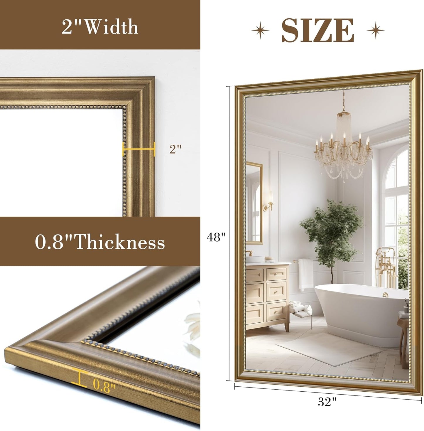 Axeman 32x48 Rectangular Wall Mirror, Decorative Bathroom Mirror, Traditional Vintage Wall Mounted Mirror with Beaded Frame for Accent Living Room Vanity Bedroom Entryway, Gold