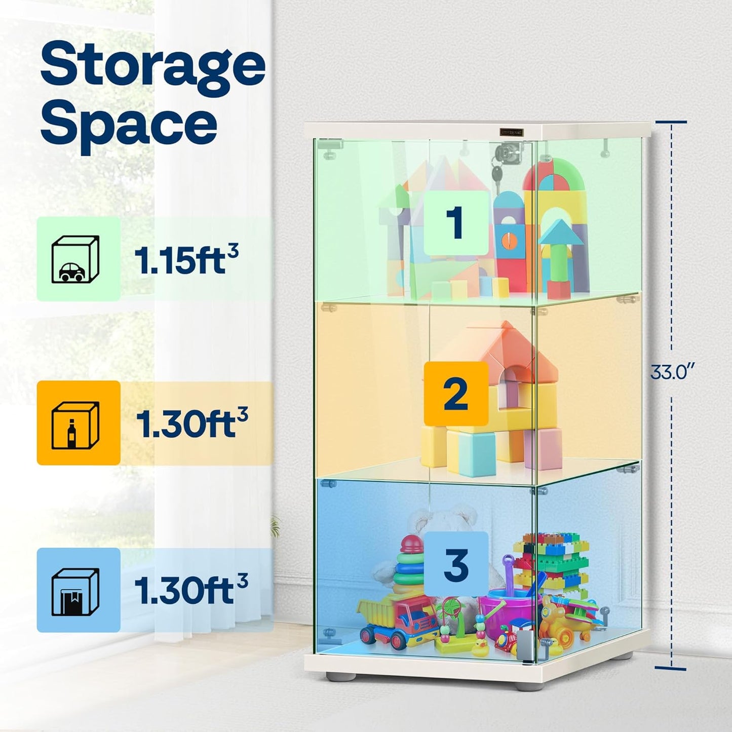 VIVOHOME 3 Layers 16''W x 16''D x 33''H Glass Display Cabinet Showcase Countertop with Lock, 4mm Tempered Glass 25mm MDF Base