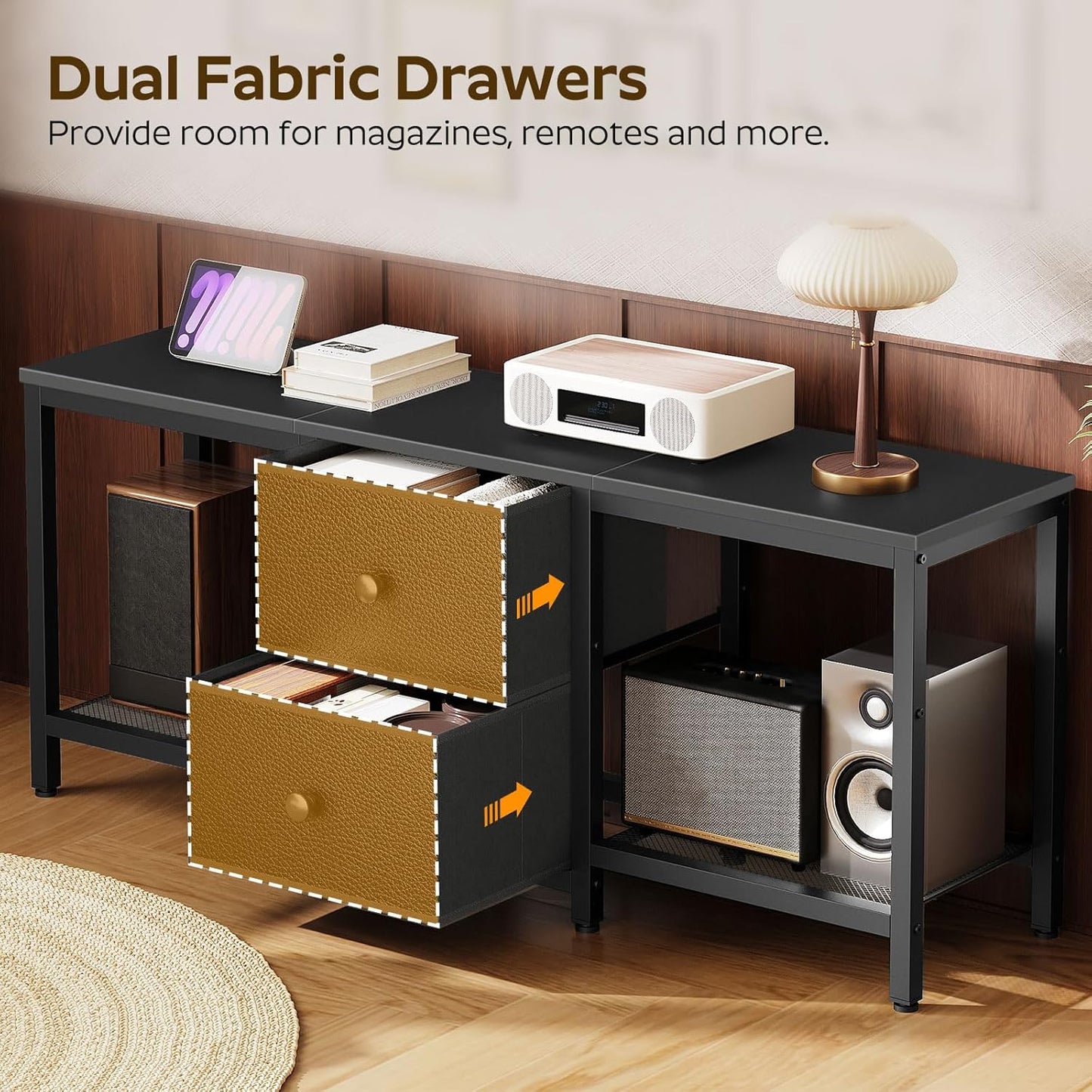 TV Stand for TVs up to 55", Entertainment Center with 2 Fabric Drawer, Media Console with Shelves, Television Stands for Living Room, Bedroom, Black DS02BB