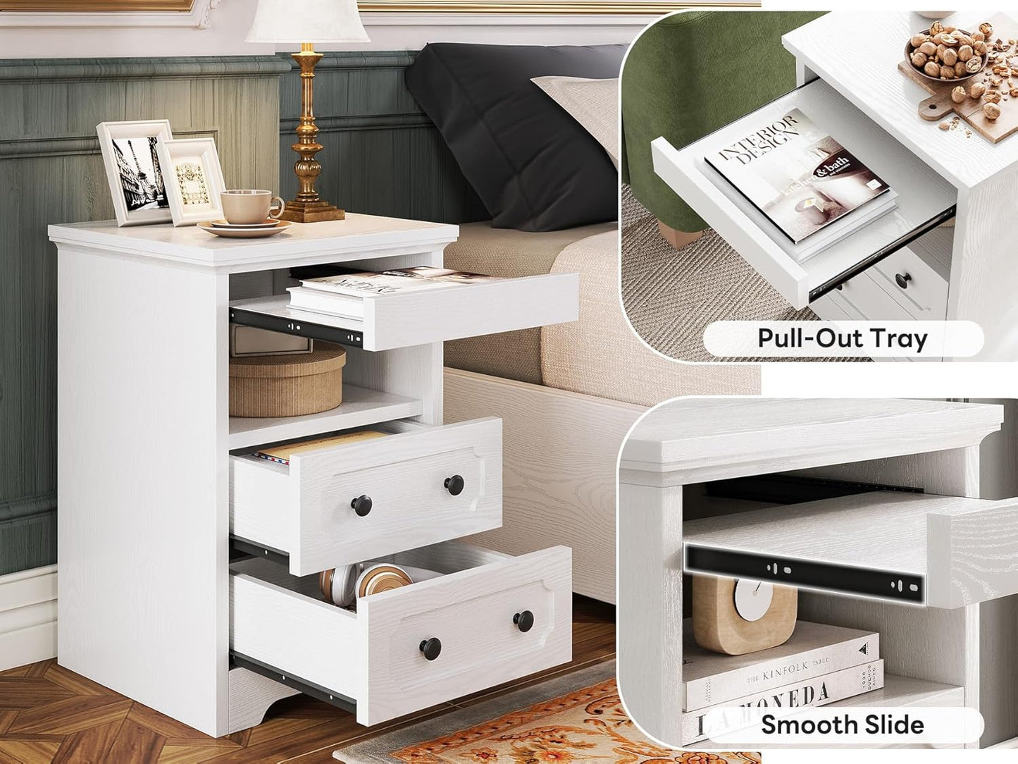 LIKIMIO Night Stand, Modern Bedside Table with 2 Drawers, Open Shelf, End Table with Pull-Out Tray, Wood SideTable, White