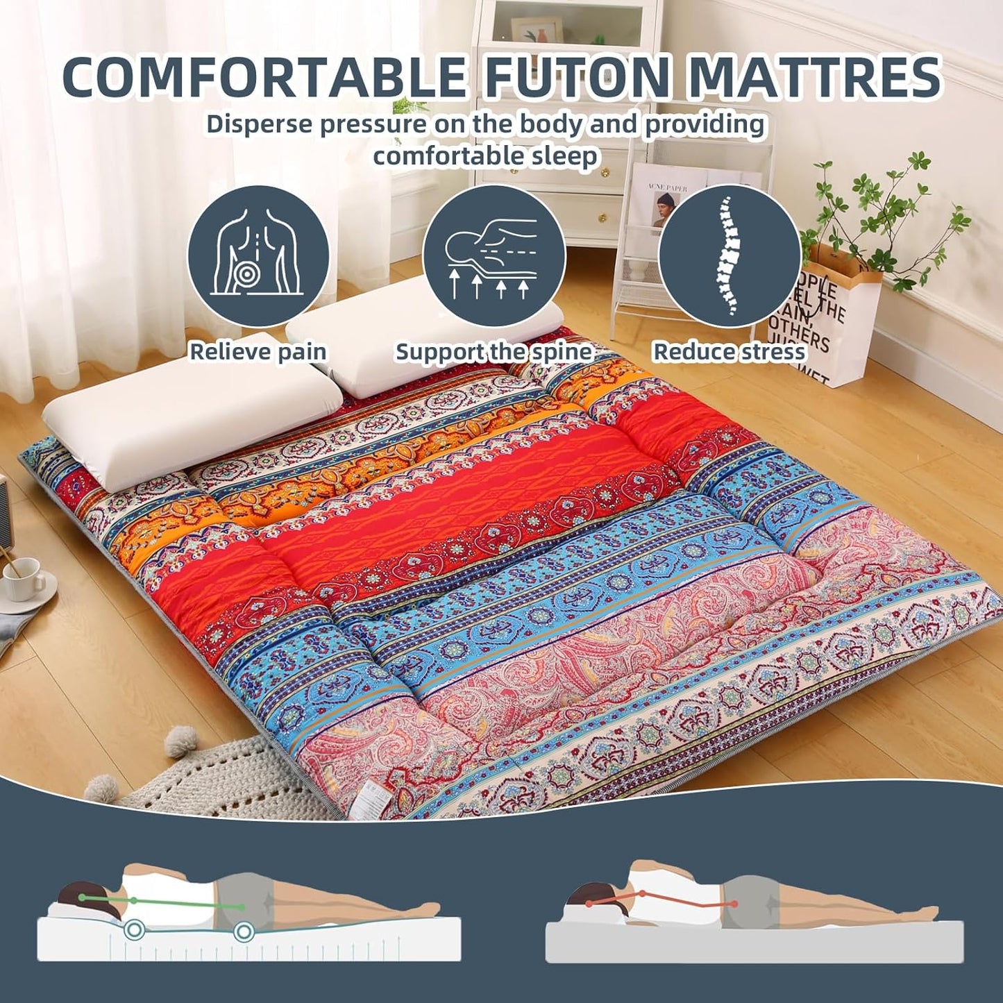 Bohemian Retro Japanese Floor Mattress, Vintage Floral Tatami Floor Mat, Portable Roll up Futon Mattress for Guest,Tavel (C,Queen80 X 60")