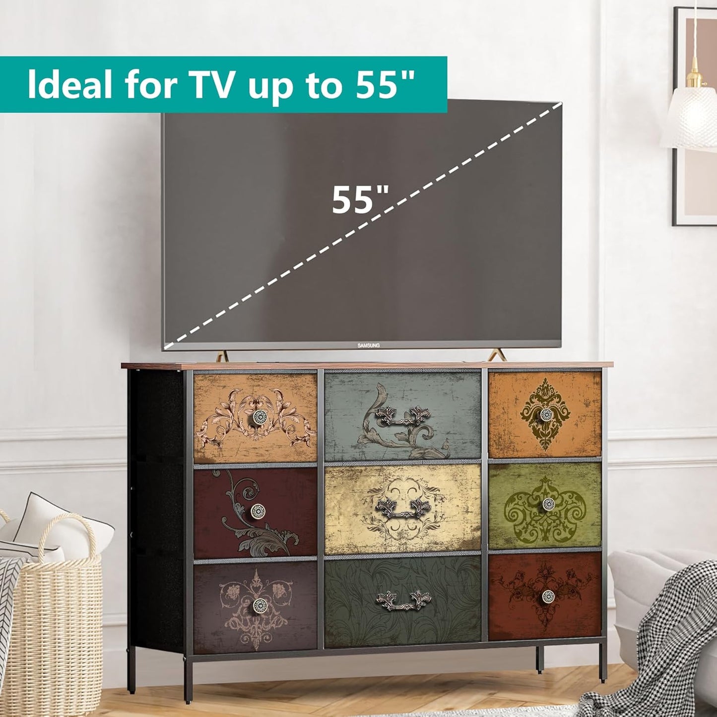 Dresser for Bedroom with 9 Deep Fabric Drawers, Wide TV Stand Storage Cabinet, Colorful Chest of Drawers for Closet, Nursery, Entryway, Hallway