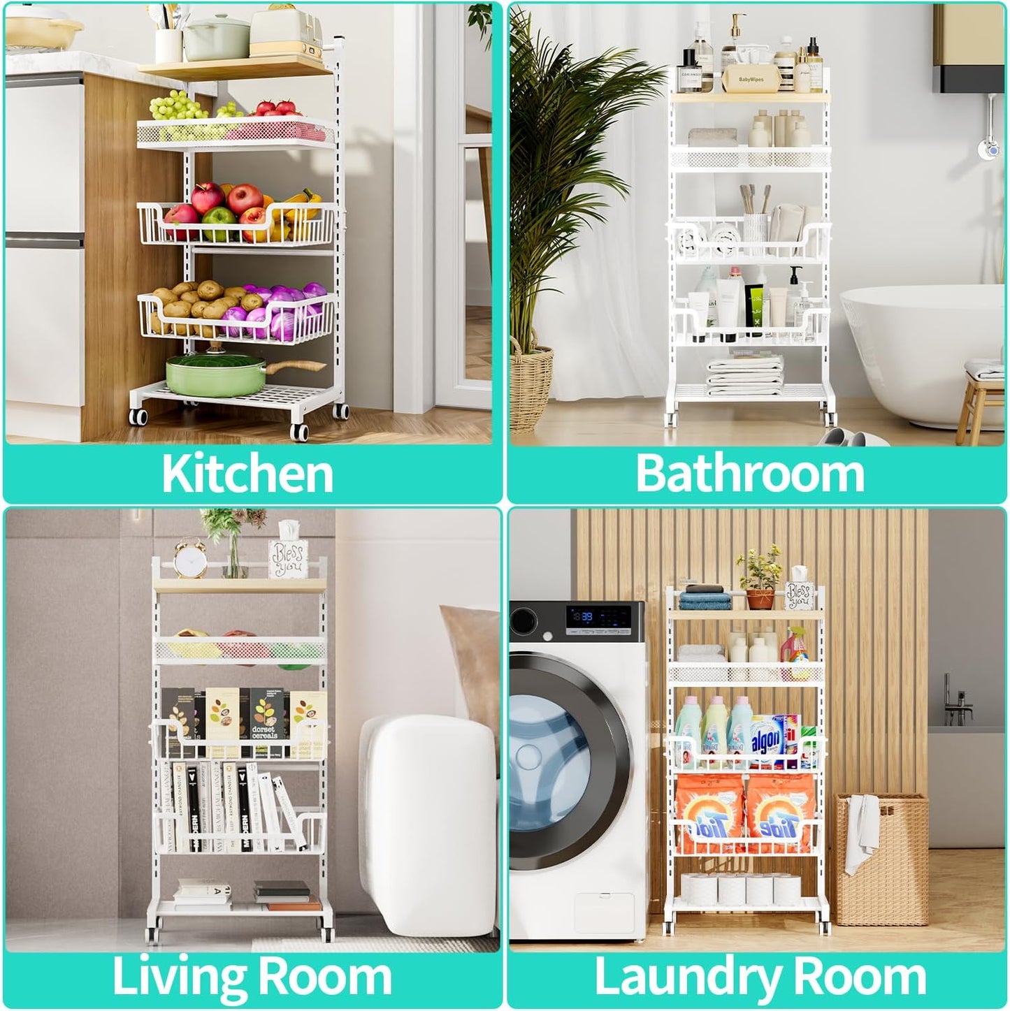 HapiRm Fruit Basket Kitchen Cart - 5 Tier Adjustable Vegetable Storage Rack, Large Capacity Rolling Kitchen Carts on Wheels for Snack Onion and Potato Storage