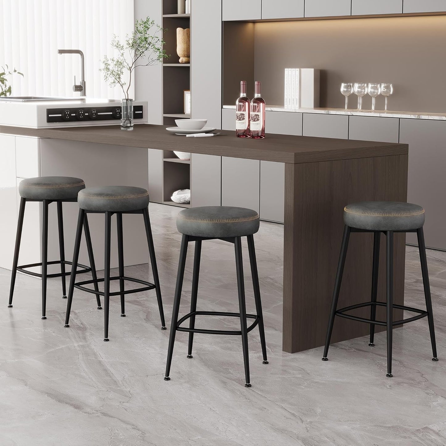 Counter Height Bar Stools, 26" H Backless Bar Stools Set of 4, Upholstered Faux Leather Kitchen Counter Stools, Mid Century Modern, Kitchen Island Home Bar, Pub, Black Grey