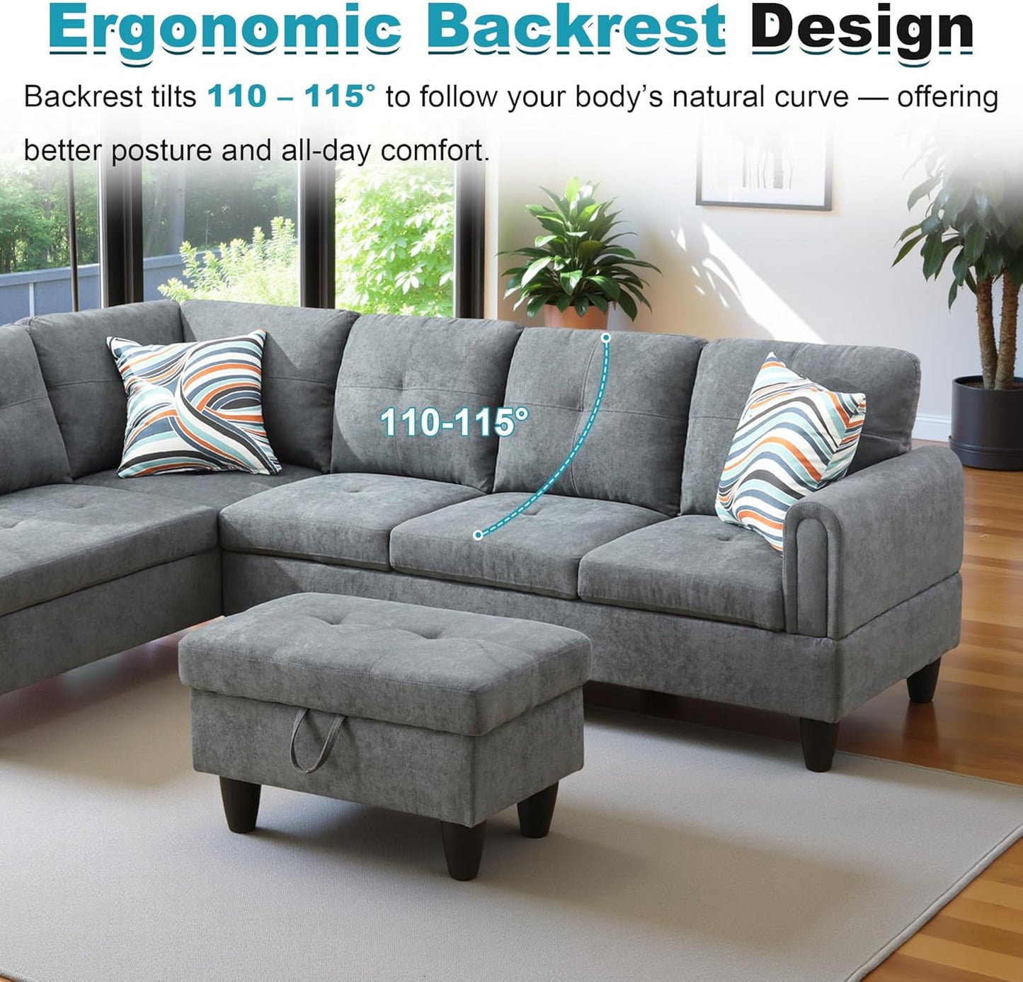 97" Oversized Sectional Couch, L Shaped Couch with Storage Ottoman, Modern Modular Sofa with Deep Seat, Sectional Couches for Living Room and Office, Dark Grey (Fluffy Fabric)