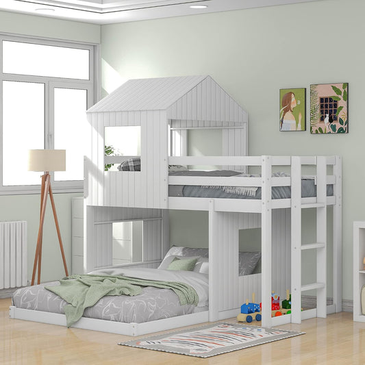 Ball & Cast Twin Over Full Playhouse Bunk Bed with Ladder and Window,Farmhouse Wood Bunkbed w/Full-Length Guard Rail & Slat Support,Space Saving,Bedroom Furniture for Student Dorms,White