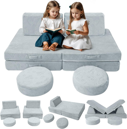 MeMoreCool Modular Kids Play Couch Sofa, Gray 8-Piece Fold-Out Convertible Toddler Couch with Rocket, Star, and Moon Patterns for Playroom
