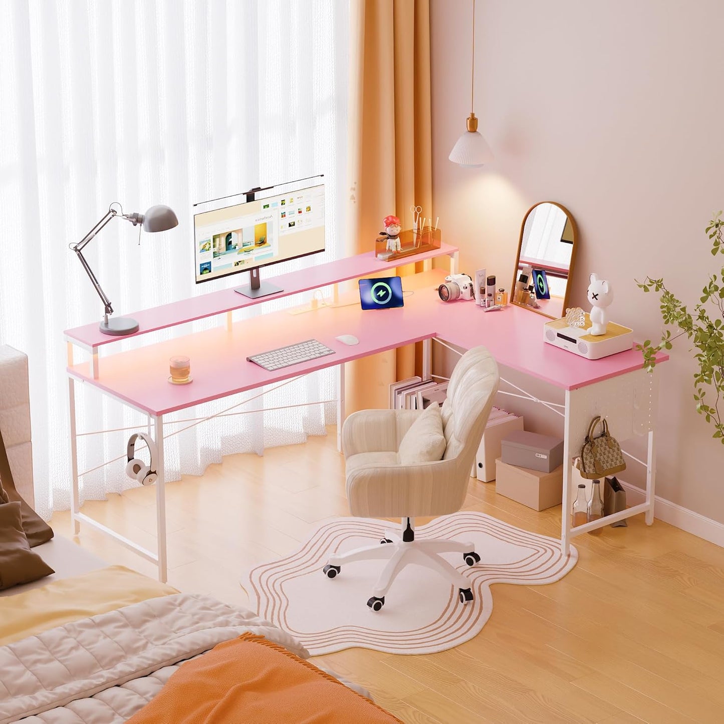 Pamray 64 Inch L Shaped Gaming Desk with Power Outlets and Led Lights, Large Corner Computer Desk with Monitor Stand and Pegboard, PC Table for Home Office and Bedroom Pink
