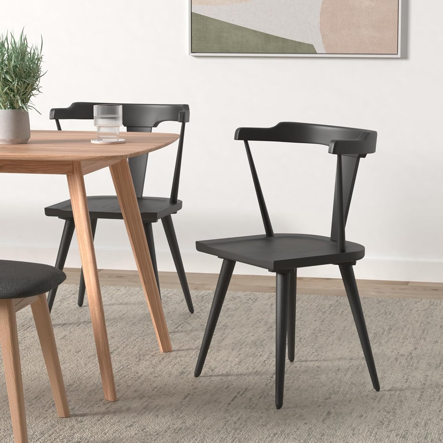 POLY & BARK Mid Century Modern Enzo Black Dining Chair – Solid Oak Wood Splat Back Chair, 18" Seat Height, 32" Tall – Stylish MCM Kitchen & Dining Room Chair - Set of 2