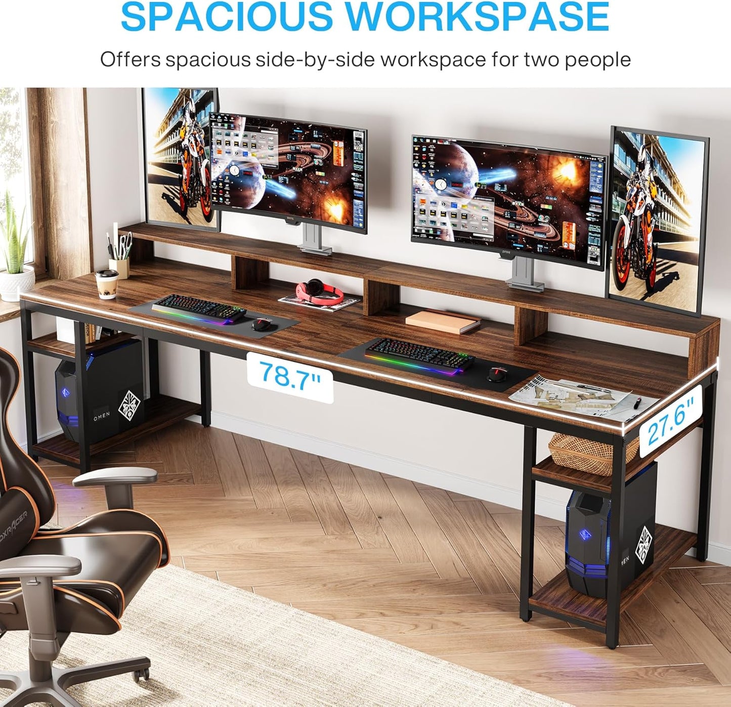 Tribesigns Two Person Desk with Monitor Stand, 78.74" Long Double Computer Office Desk with Storage Shelves, Large Gaming Study Writing Table Workstation for Home Office (Rustic Brown)