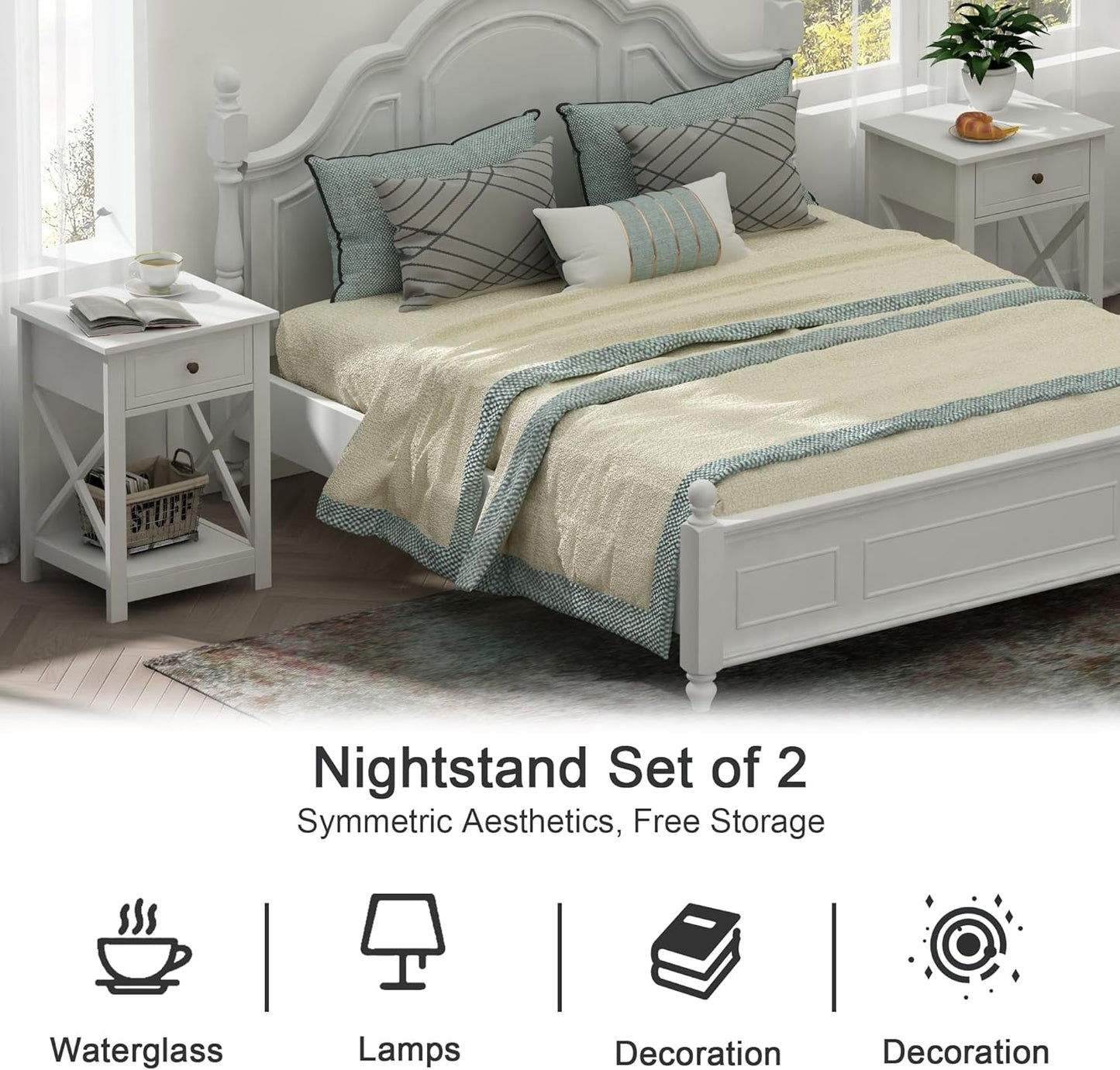 Treocho White Nightstand Set of 2, Modern X-Design Night Stand,Bedside End Table with Open Storage for Small Place,Bedroom