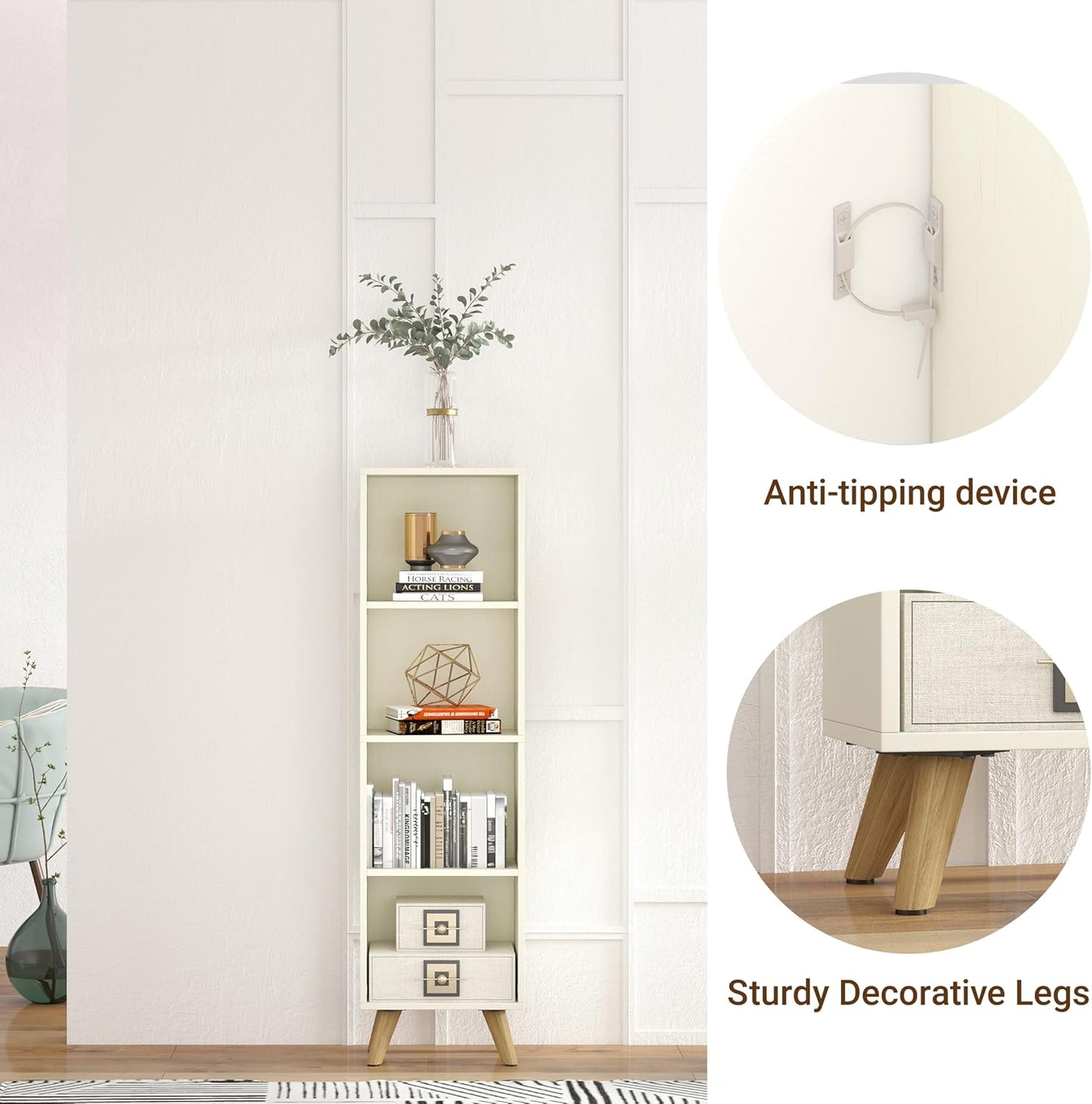 Manora Small Bookcase with 4 Open Shelves, Modern White Bookshelf with Wooden Legs, Narrow Storage Organizer for Living Room, Bedroom, Office