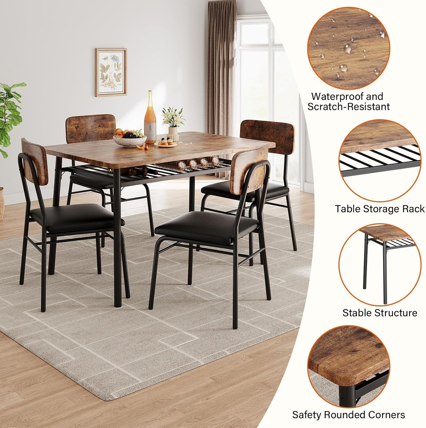 GAOMON 5-Piece Dining Table Set for 4, Wood Kitchen with Built-in Storage Rack,Small Kitchen Table with Upholstered Chairs and Metal Frame for Small Spaces, Retro Color