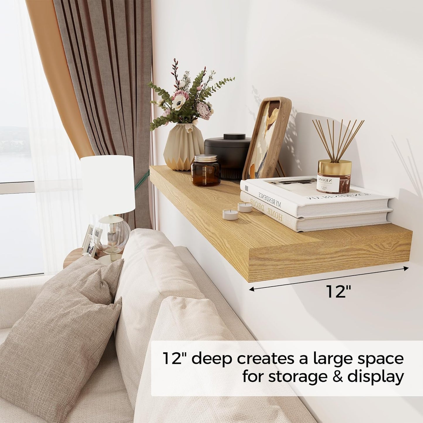 Floating Shelves 36 Inch Long, 12 Inch Deep Floating Shelves for Wall, 36 x 12 Shelves for Wall Storage & Display, 2" Thick Floating Shelf for Bathroom, Living Room, Bedroom, Oak Color, Set of 2