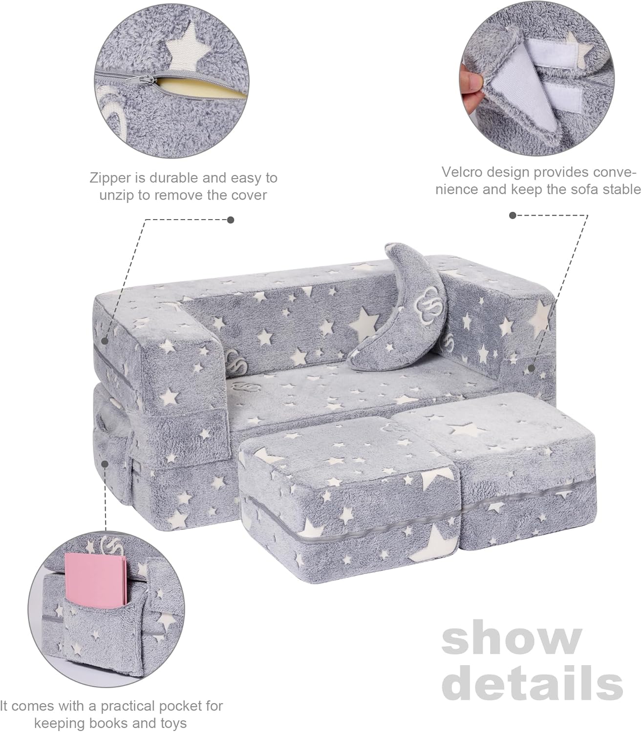 Modular Kids Sofa, Glow in The Dark Star Plush Couch, Convertible Kids Play Set, Fold Out Sofa Bed(Stars)