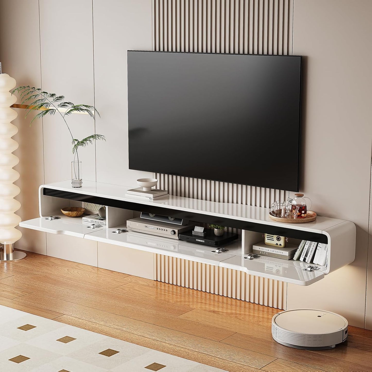 High Gloss Floating TV Stand with 3 Doors,70'' Wall Mounted TV Cabinet,Under TV Console,Floating Media Shelft for Bedroom Living Room(White)