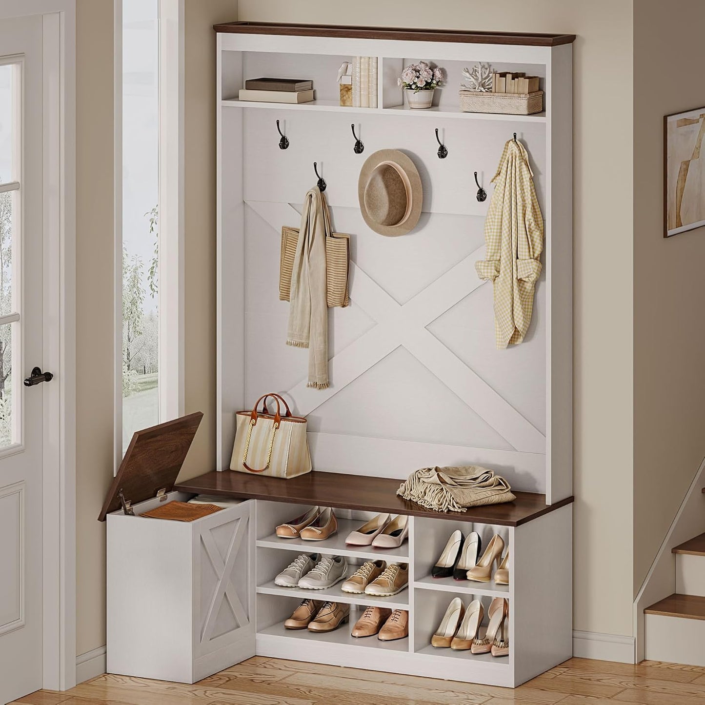 YITAHOME L-Shaped Hall Tree with Bench & Storage, Corner Entryway Organizer with 5 Shoe Shelves, Hidden Seat Compartment, Hooks & Open Top Storage for Living Room & Hallway, Walnut & Off-White