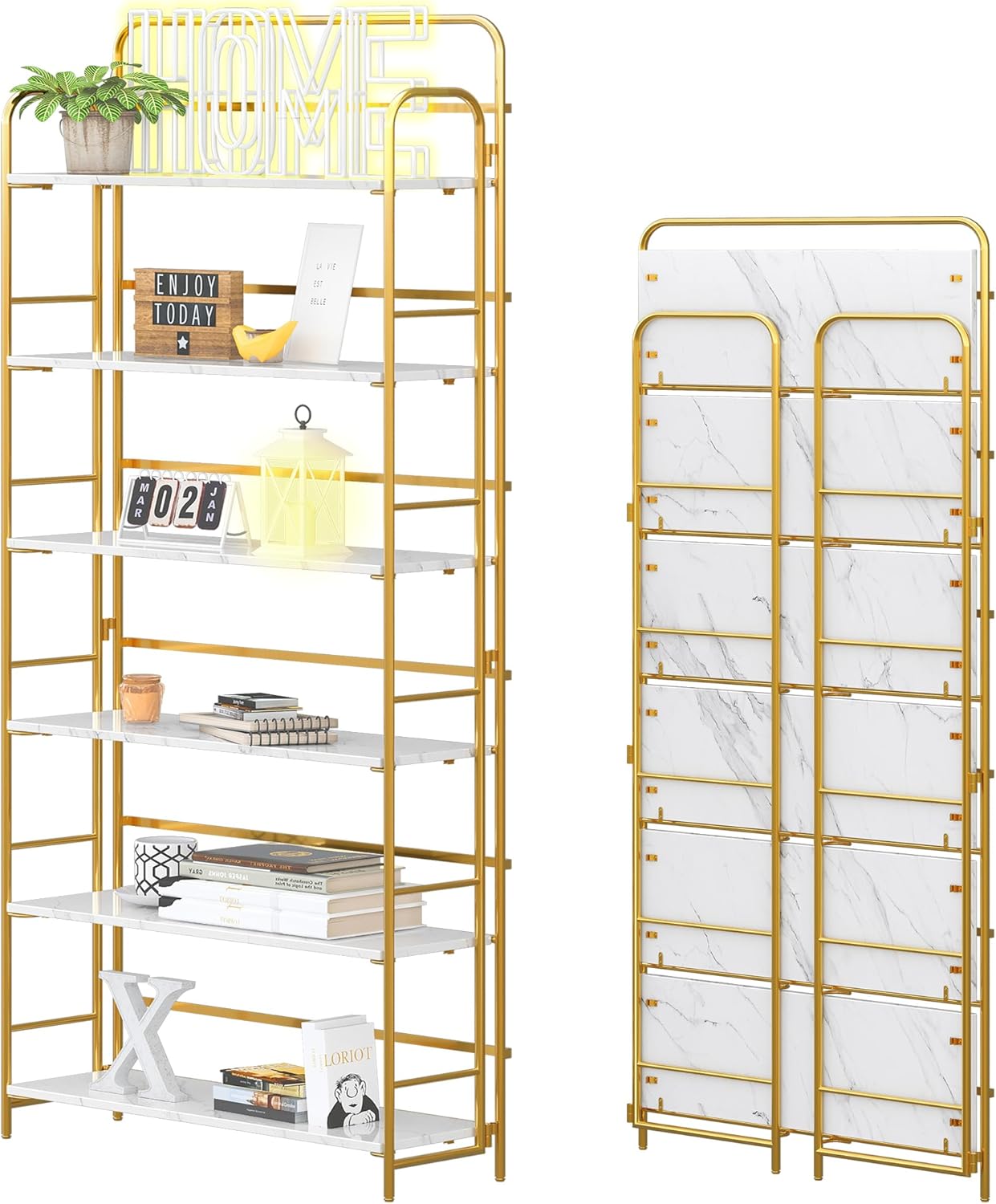 4NM No Assembly Folding Bookshelf 6 Tiers Vintage Industrial Gold Book Shelf Metal Foldable Storage Bookcase and Bookshelves for Living Room,Bedroom and Kitchen - White and Gold