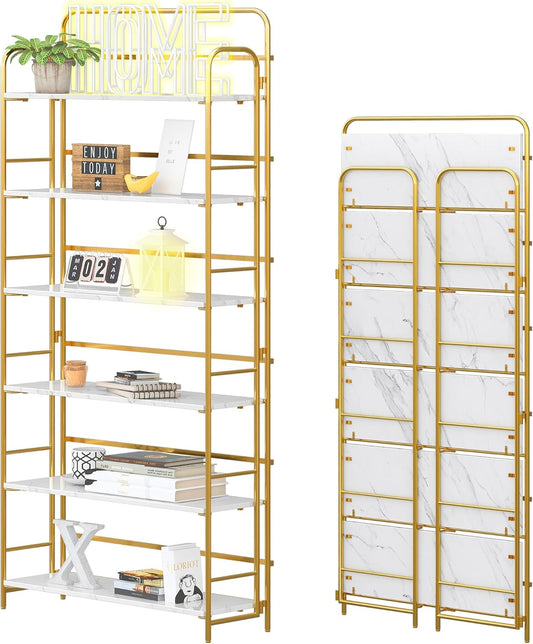 4NM No Assembly Folding Bookshelf 6 Tiers Vintage Industrial Gold Book Shelf Metal Foldable Storage Bookcase and Bookshelves for Living Room,Bedroom and Kitchen - White and Gold