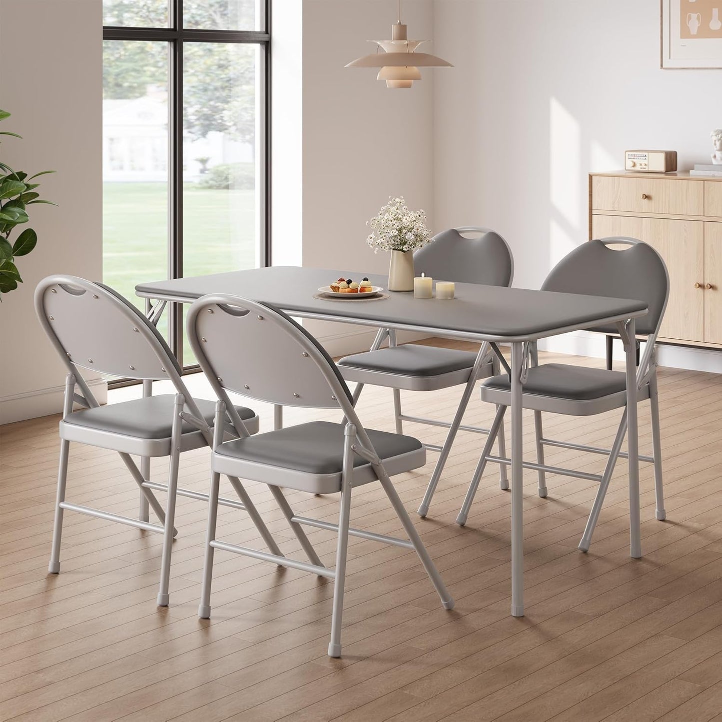 GarveeHome 4 Pack Folding Chairs with PU Leather Padded Cushion and Back, Metal Foldable Chair for Indoor Outdoor, Commercial Stackable Guest Chairs for Camping, Dining Room, Office, Party, Grey