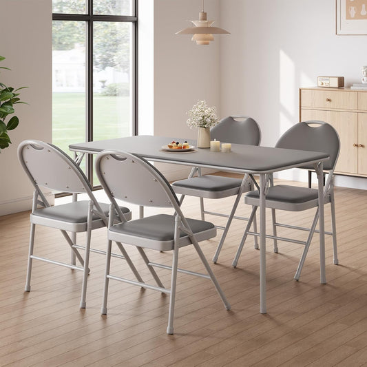 GarveeHome 4 Pack Folding Chairs with PU Leather Padded Cushion and Back, Metal Foldable Chair for Indoor Outdoor, Commercial Stackable Guest Chairs for Camping, Dining Room, Office, Party, Grey