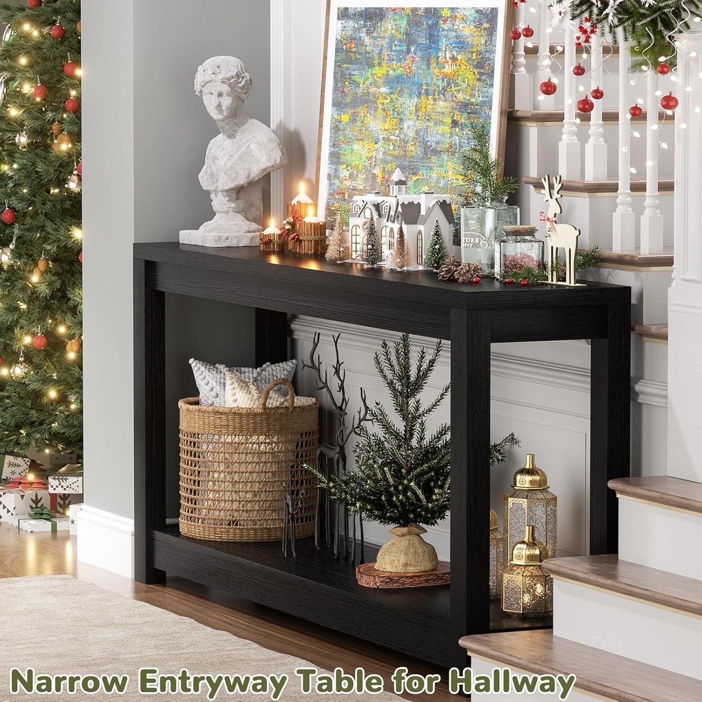 47" Farmhouse Wood Entryway Table Narrow Console Table with Storage Behind Couch Sofa Table with Shelves for Entry Way with Open Storage, Easy Assembly, Embossed Wood Grain Black