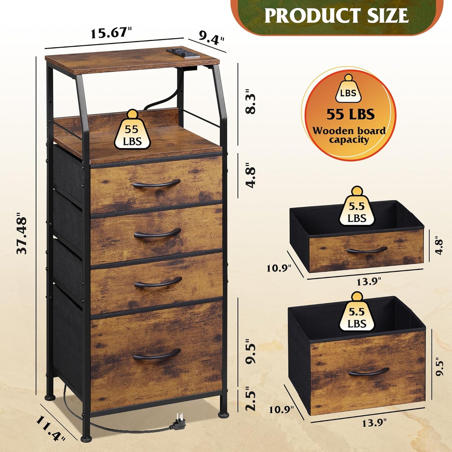 WLIVE 4 Drawer Dresser for Bedroom, 37" H Nightstand with Charging Station and Led Light, Tall Night Stand Bed Side Table, End Table with USB Ports and Outlets, Fabric Bins, Wood Shelf, Rustic Brown