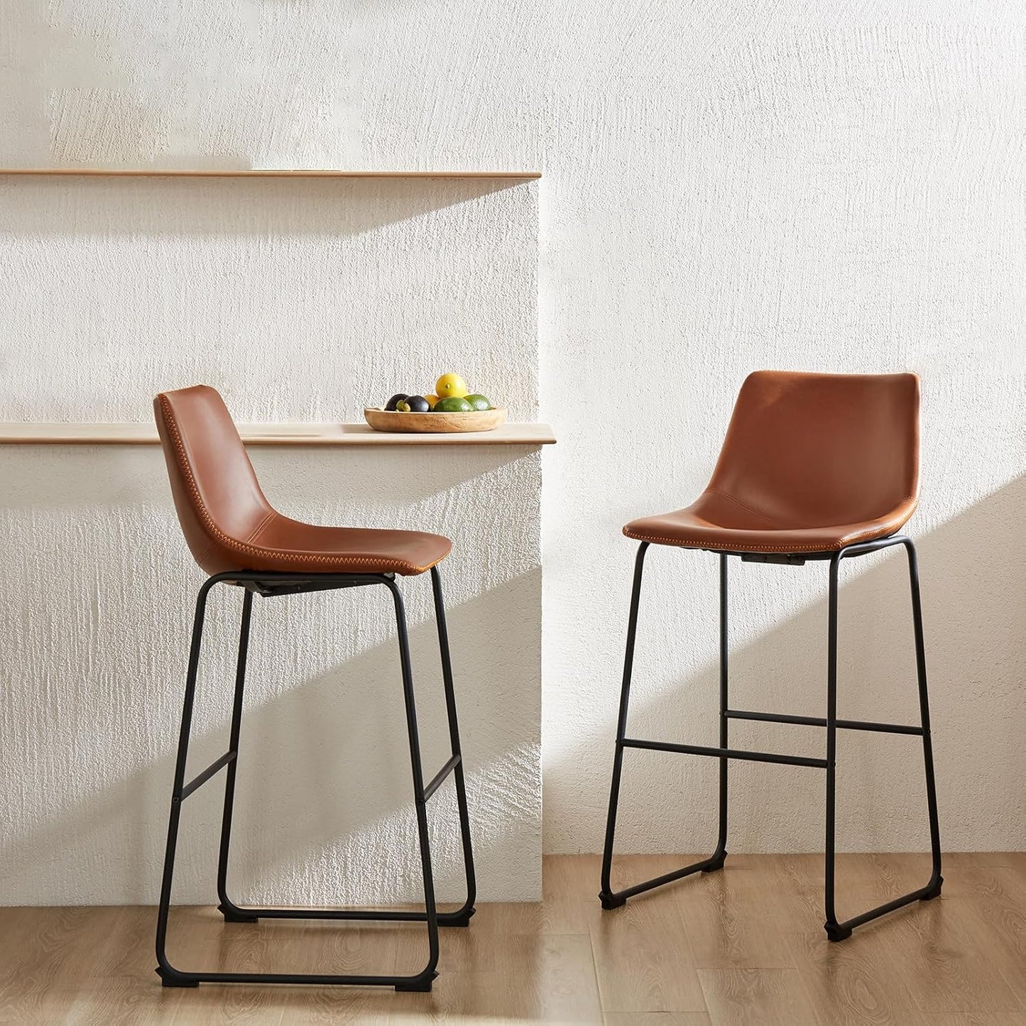 DUMOS 26 Inch Counter Height Bar Stools Set of 2, Modern Faux Leather High Barstools with Back and Metal Leg, Bar Chairs for Kitchen lsland, Elegant Brown