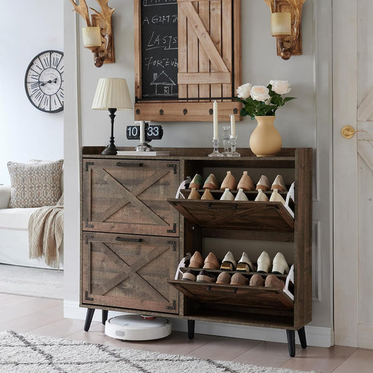 Shoe Storage Cabinet,Farmhouse Shoe Organizer with 4 Flip Drawers & Barn Door Design,Freestanding Hidden Slim Narrow Shoe Rack Cabinet for Entryway,Foyer,Hallway,Rustic Brown