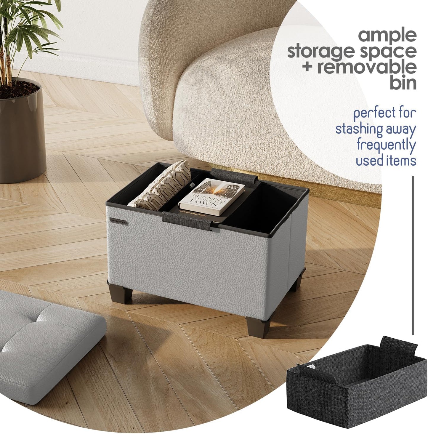 STORAGEBUD Storage Ottoman Cube with Small Bin, 16-in Square Ottoman with Storage for Living Room and Bedroom, Small Ottomans Foot Rest, Faux Leather Foot Stools Ottomans Max 330lbs, Light Grey