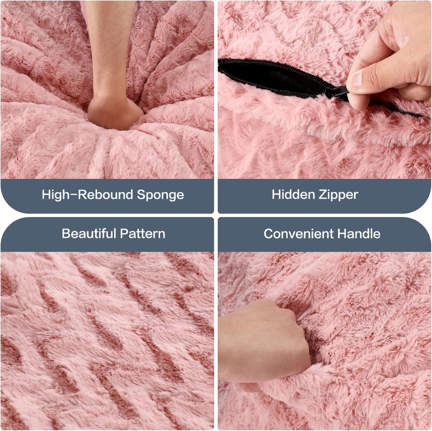 4ft Bean Bag Chairs for Adults Large Beanbag Chair with Chevron Plush Fur Cover Big Bean Bag Chair for Living Room Bedroom Dorm (Pink)